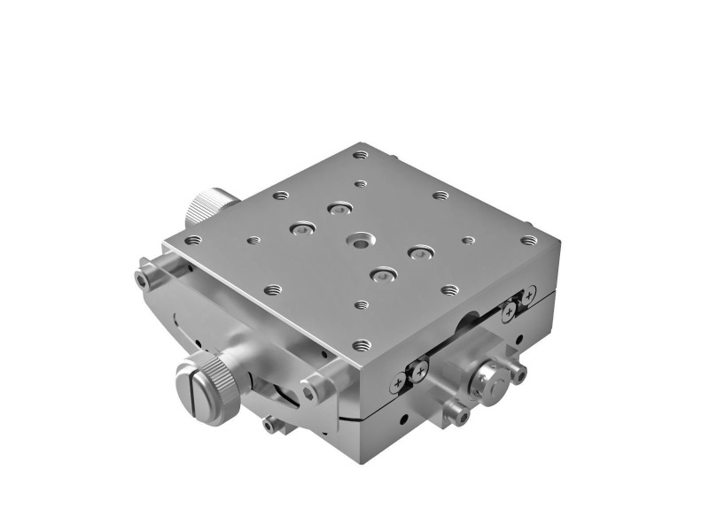 Goniometr 60x60mm, łożyska EXC, 1-osiowy, +/-20°, wysokość osi 35mm, napęd ślimakowy, gwinty M4 — zdjęcie produktu, nr katalogowy GOHT-60A35
