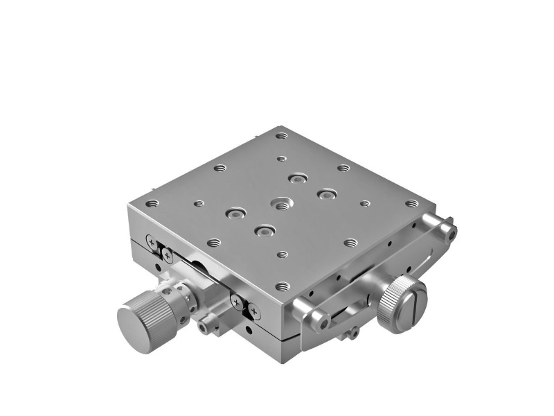 Goniometr 60x60mm z powłoką niklową, łożyska EXC, 1-osiowy, +/-10°, wysokość osi 85mm, napęd ślimakowy, gwinty M4 — zdjęcie produktu, nr katalogowy GOHT-60A85