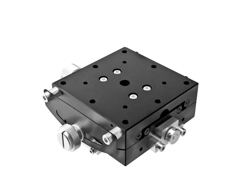 Goniometr 60x60mm, łożyska EXC, 1-osiowy, +/-20°, wysokość osi 35mm, napęd ślimakowy, gwinty M4 — zdjęcie produktu, nr katalogowy GOHT-60A35B