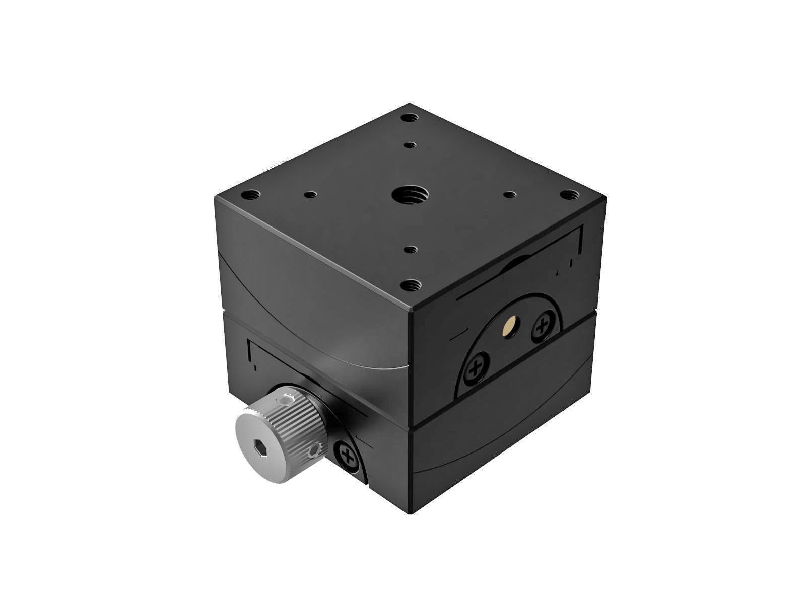 Goniometr 40X40mm, mosiężny wpust, 2-osiowy, +/-20 stopni, wysokość osi 15mm, prawoskrętny, przekładnia ślimakowa, gwint 6-32 — zdjęcie produktu, nr katalogowy GOH-40B15RUU