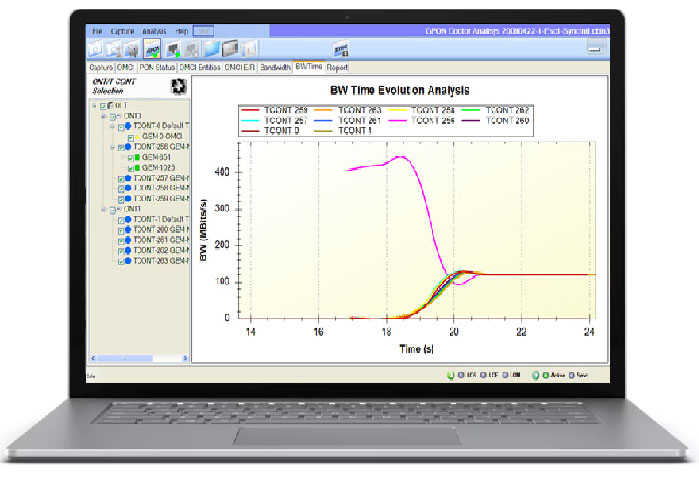 GPON Doctor 4k7 working with a laptop – field GPON protocol troubleshooting in an FTTH network.