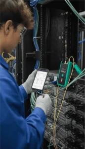 Technik certyfikuje światłowody testerem AEM FiBLU w centrum danych
