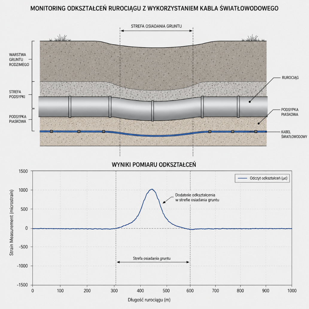 Cross-section: pipeline strain monitoring using a fiber-optic cable, together with a chart of strain measurement results
