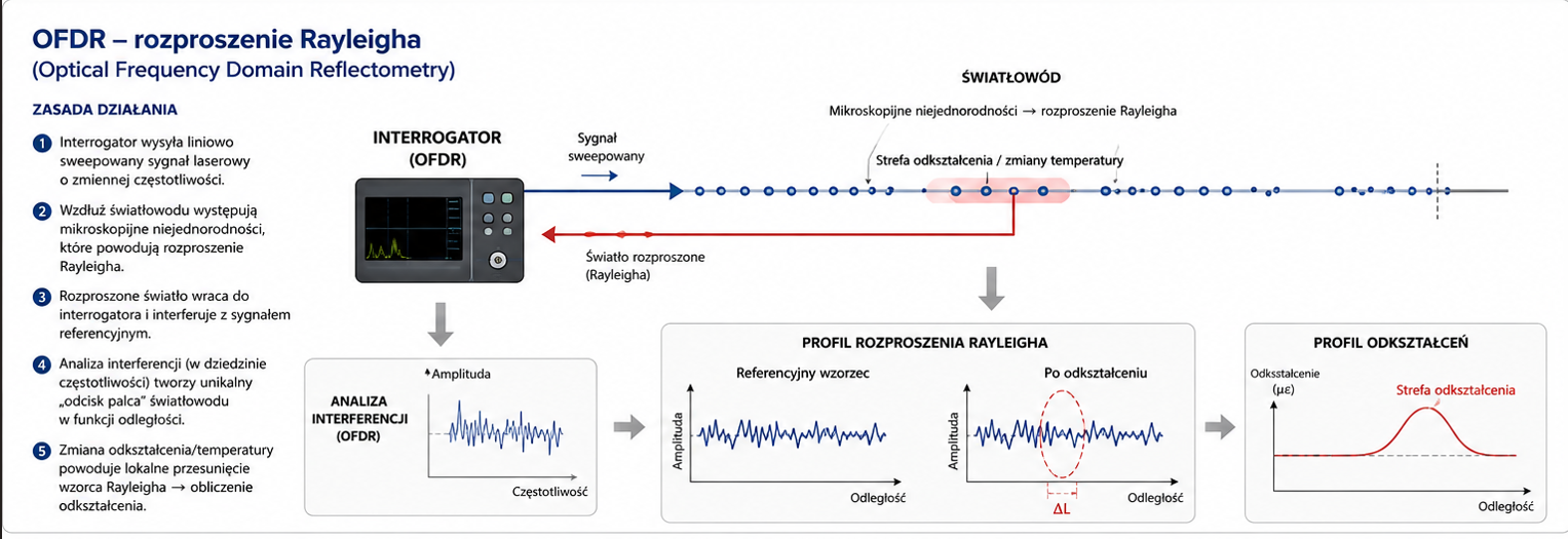 Infographic of the OFDR principle — Rayleigh scattering, scatter and strain profile