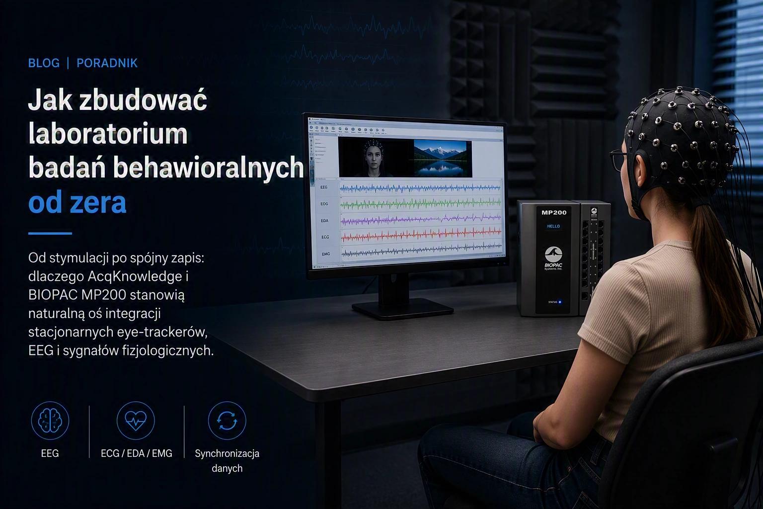 Uczestniczka badania w czepku EEG przed monitorem z wielokanałowym zapisem AcqKnowledge (EEG, EOG, EDA, ECG, EMG); na biurku jednostka BIOPAC MP200. Napis: Jak zbudować laboratorium badań behawioralnych od zera