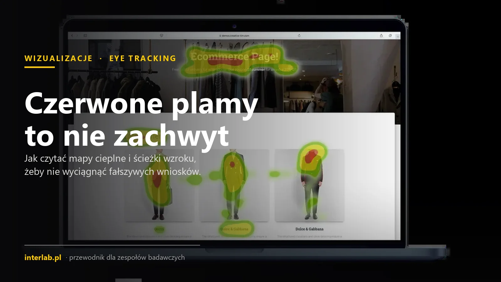 Mapa cieplna nałożona na stronę sklepu internetowego wyświetlaną na laptopie; napis: Czerwone plamy to nie zachwyt