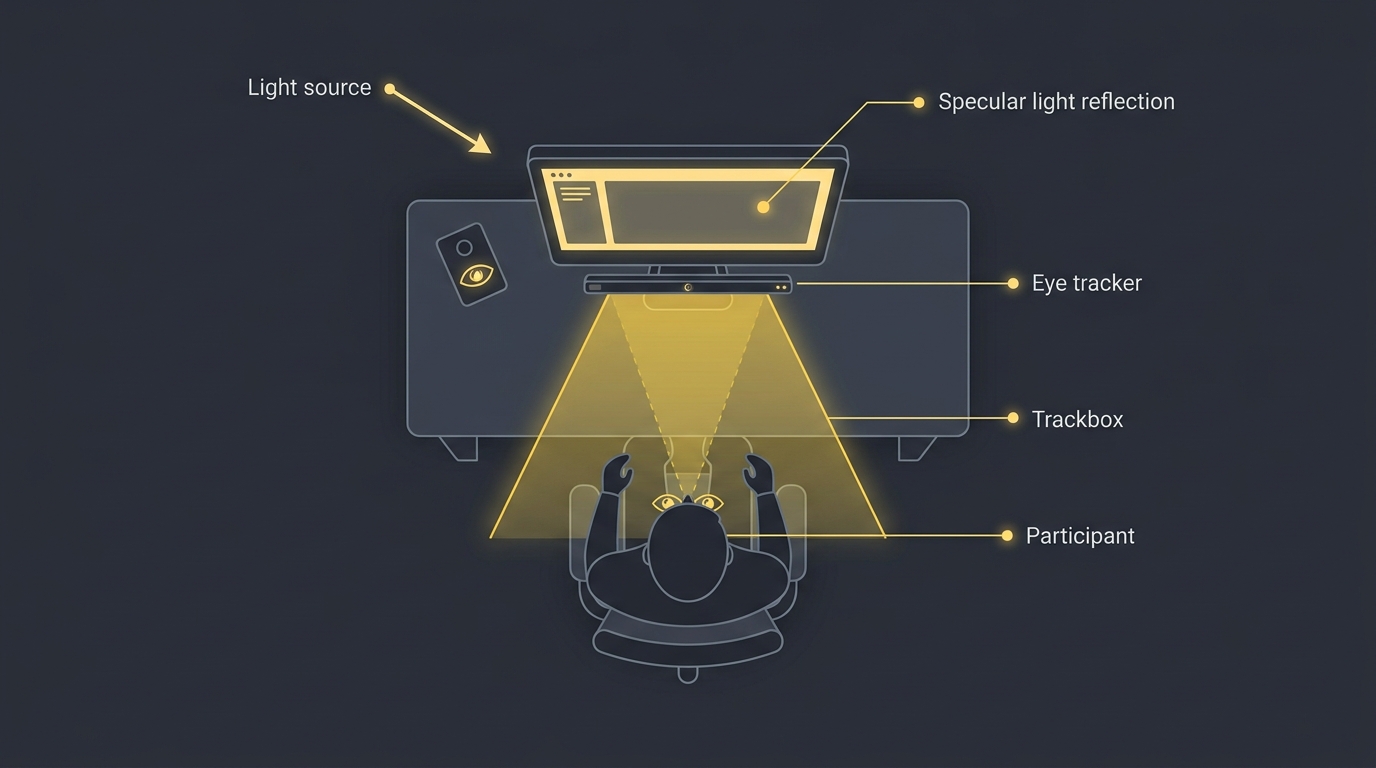 Rzut kontrolny stanowiska ekranowego eye tracking — schemat geometrii, trackbox i światło