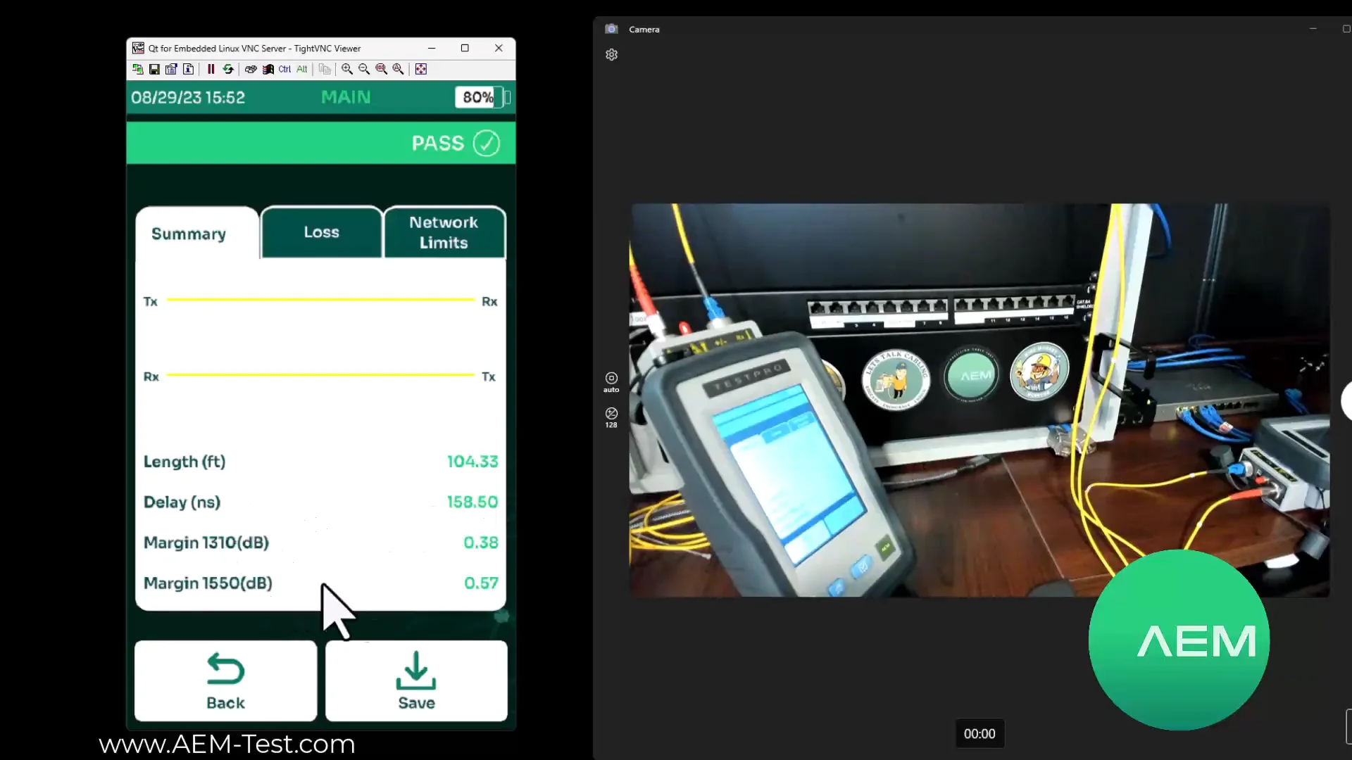 Końcowy wynik PASS łącza światłowodowego w AEM TestPro