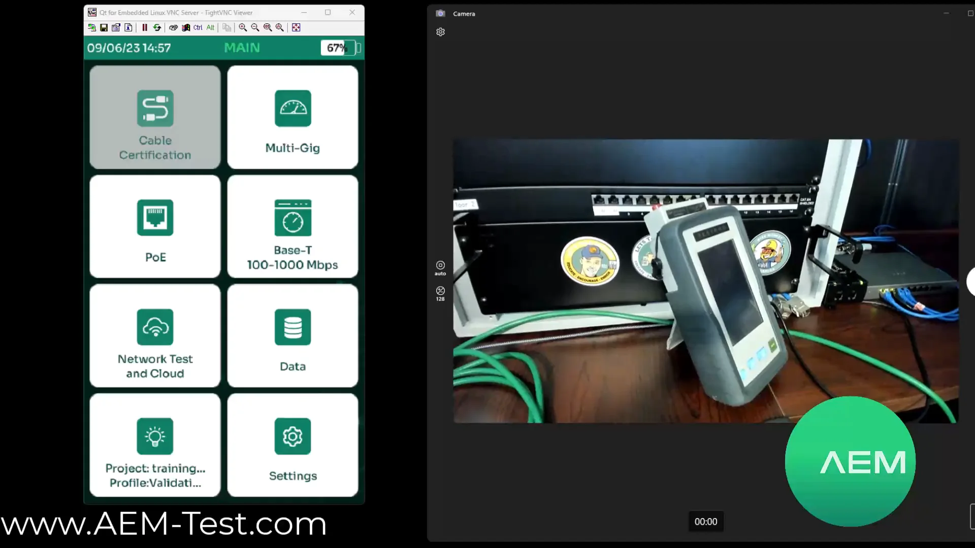 Menu główne AEM TestPro z modułami Network i PoE