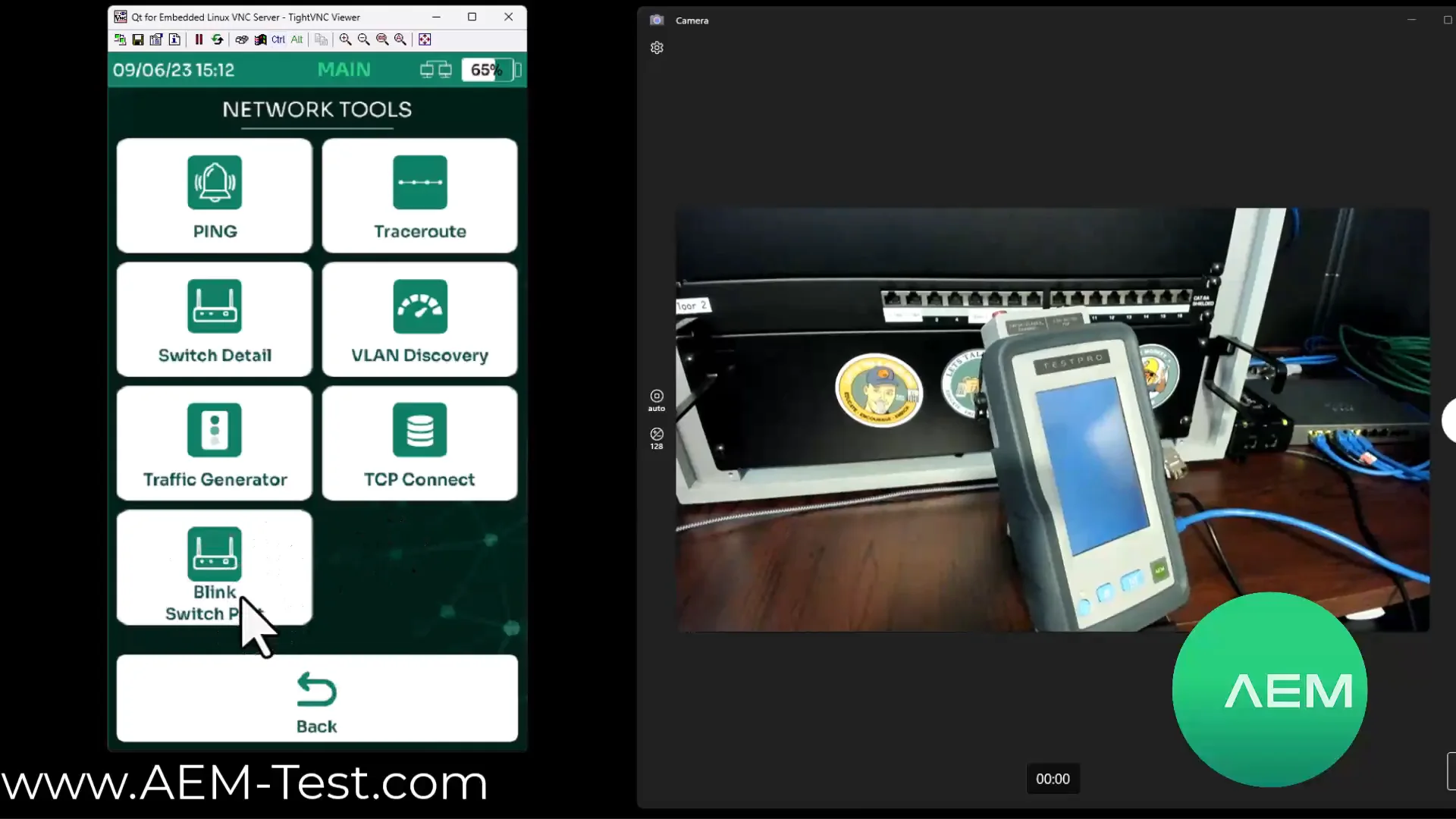 Ekran Network Tools w AEM TestPro z testami Ping, Traceroute, Switch Detail i VLAN Discovery