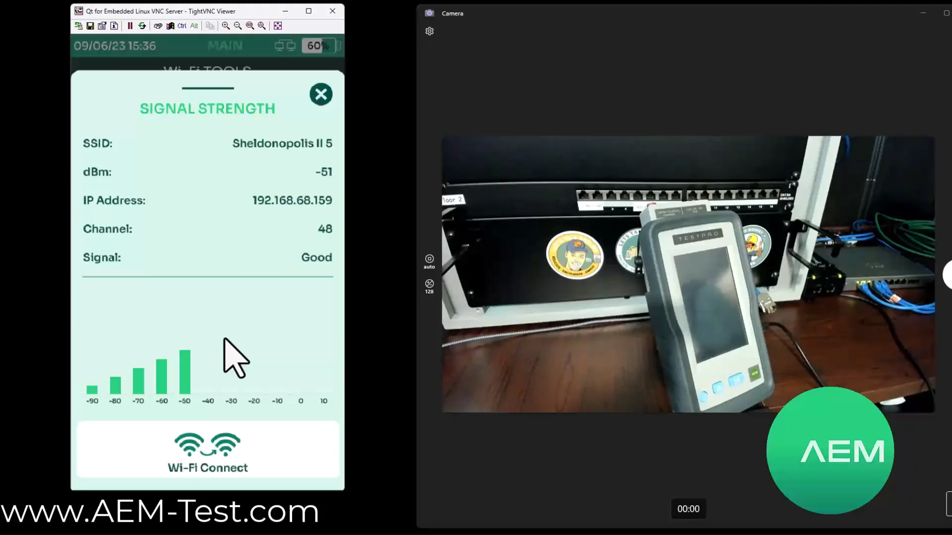 Ekran siły sygnału Wi-Fi w AEM TestPro z SSID, kanałem i RSSI
