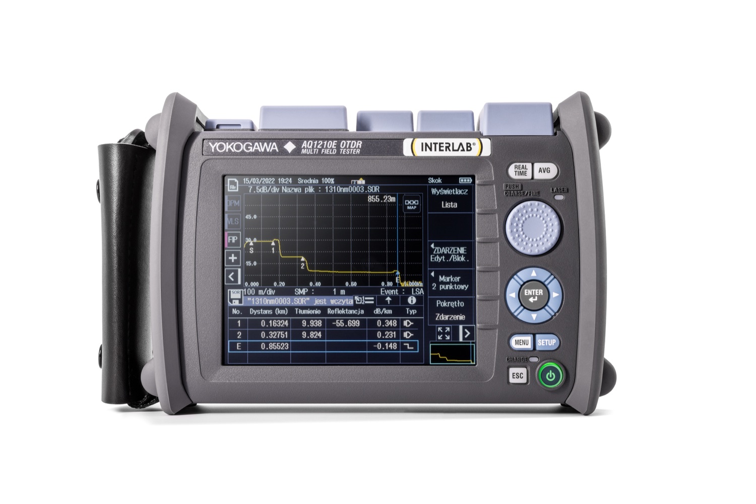 Panel przedni Yokogawa AQ1210E z reflektogramem i tabelą zdarzeń
