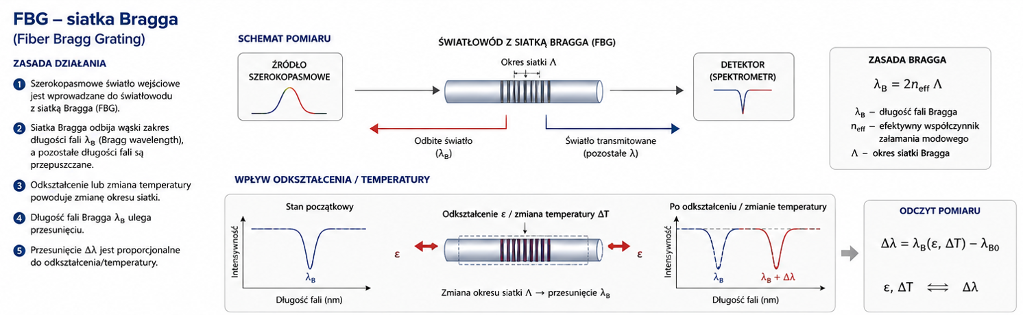 Infografika zasady FBG — siatka Bragga, odbicie długości fali i odczyt pomiaru