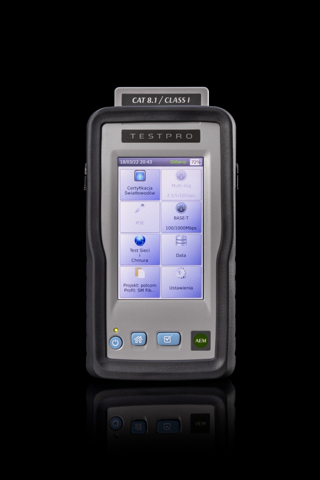 AEM TestPro CV100 z adapterem Cat 8.1 / Class I — menu funkcji: certyfikacja światłowodów, Multi-Gig, PoE, testy sieci i chmura