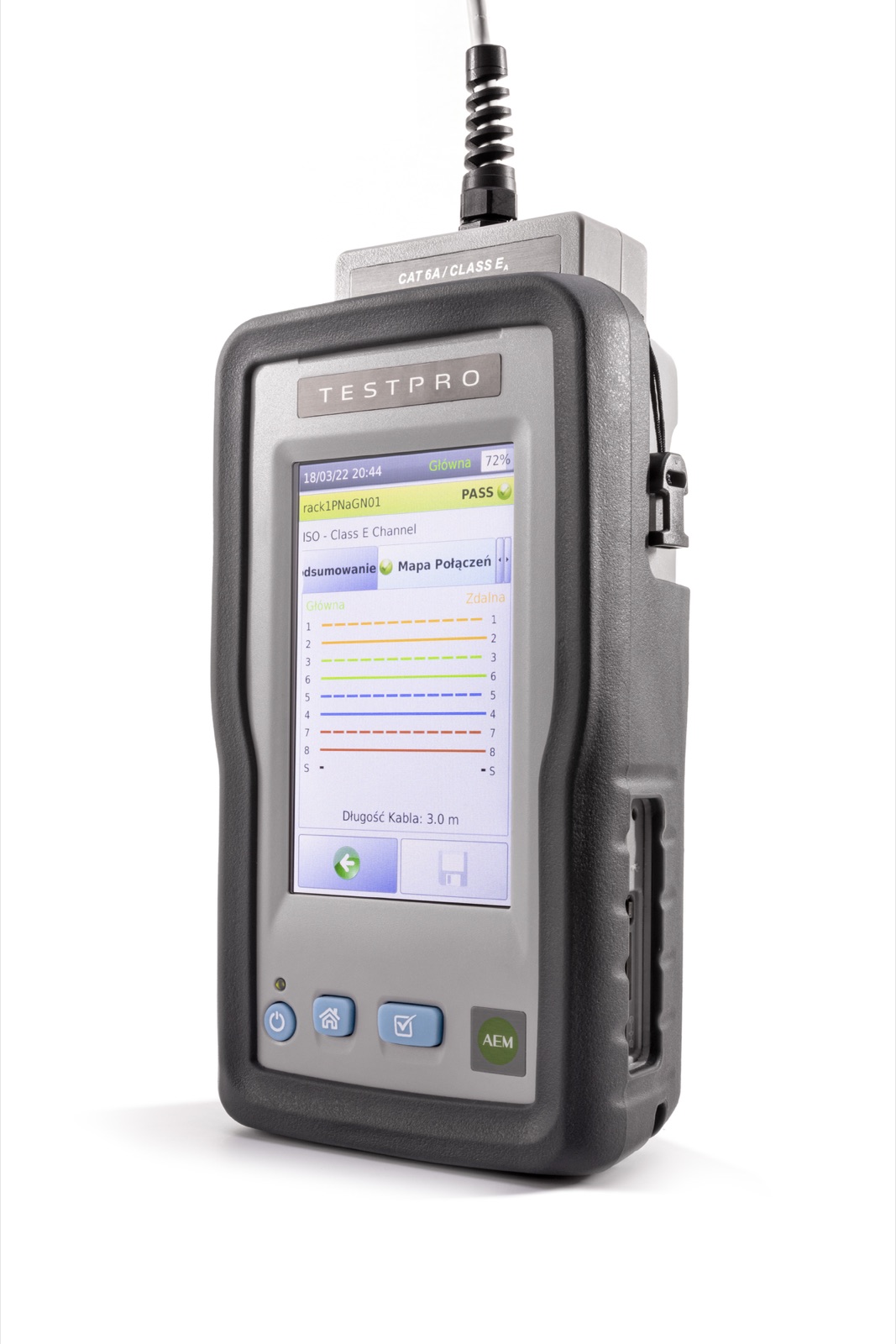 AEM TestPro CV100 — wynik autotestu PASS z mapą połączeń, adapter Cat 6A / Class EA