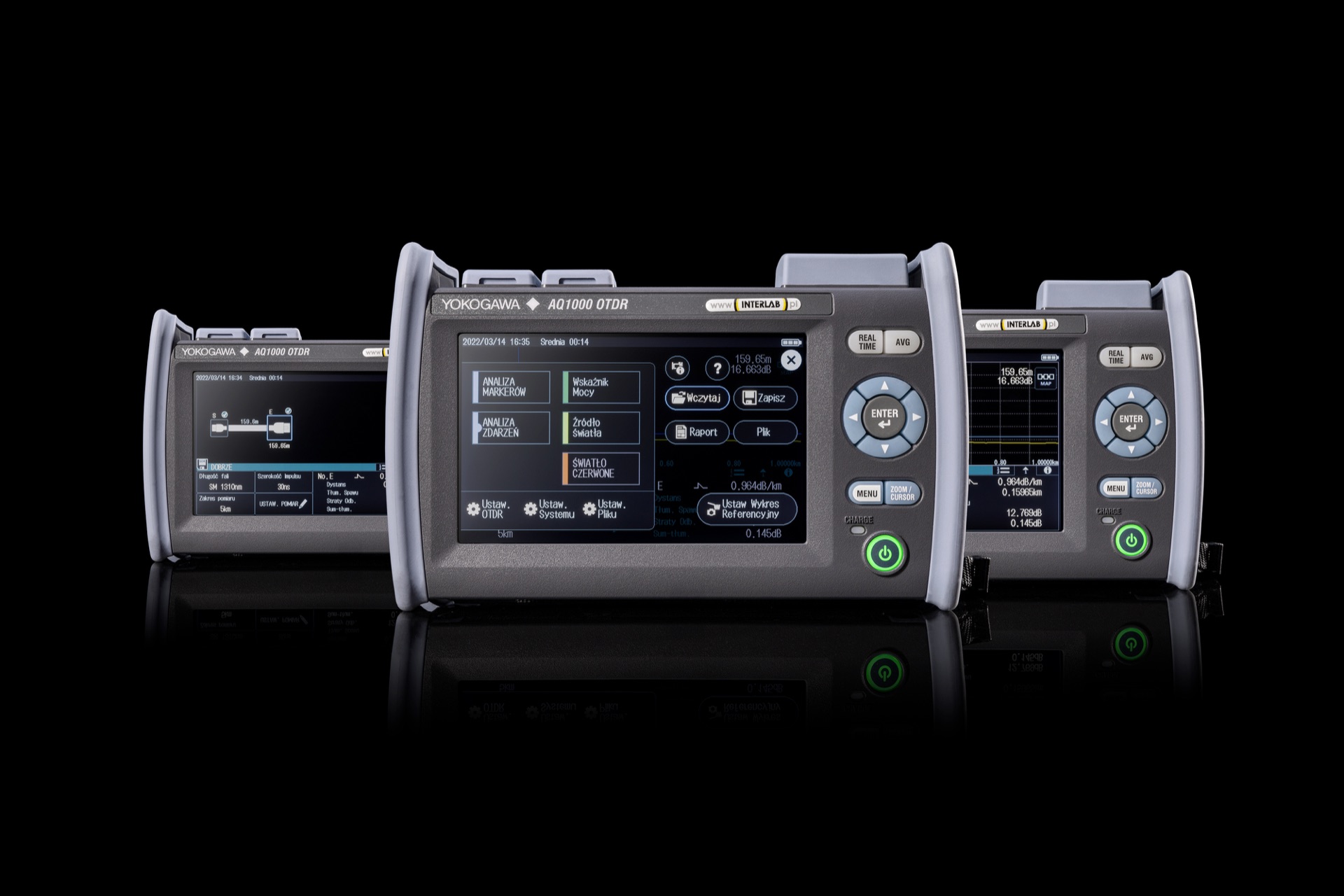 Yokogawa AQ1000 prezentujący trzy sposoby analizy wyniku OTDR