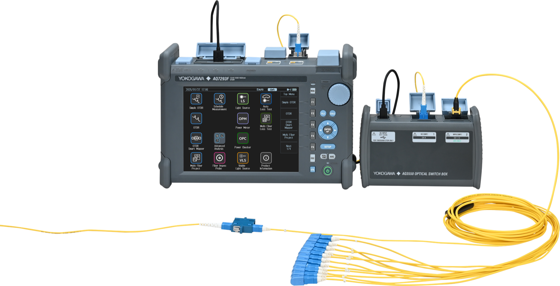 Yokogawa AQ7290 OTDR connected to an AQ3550 optical switch box