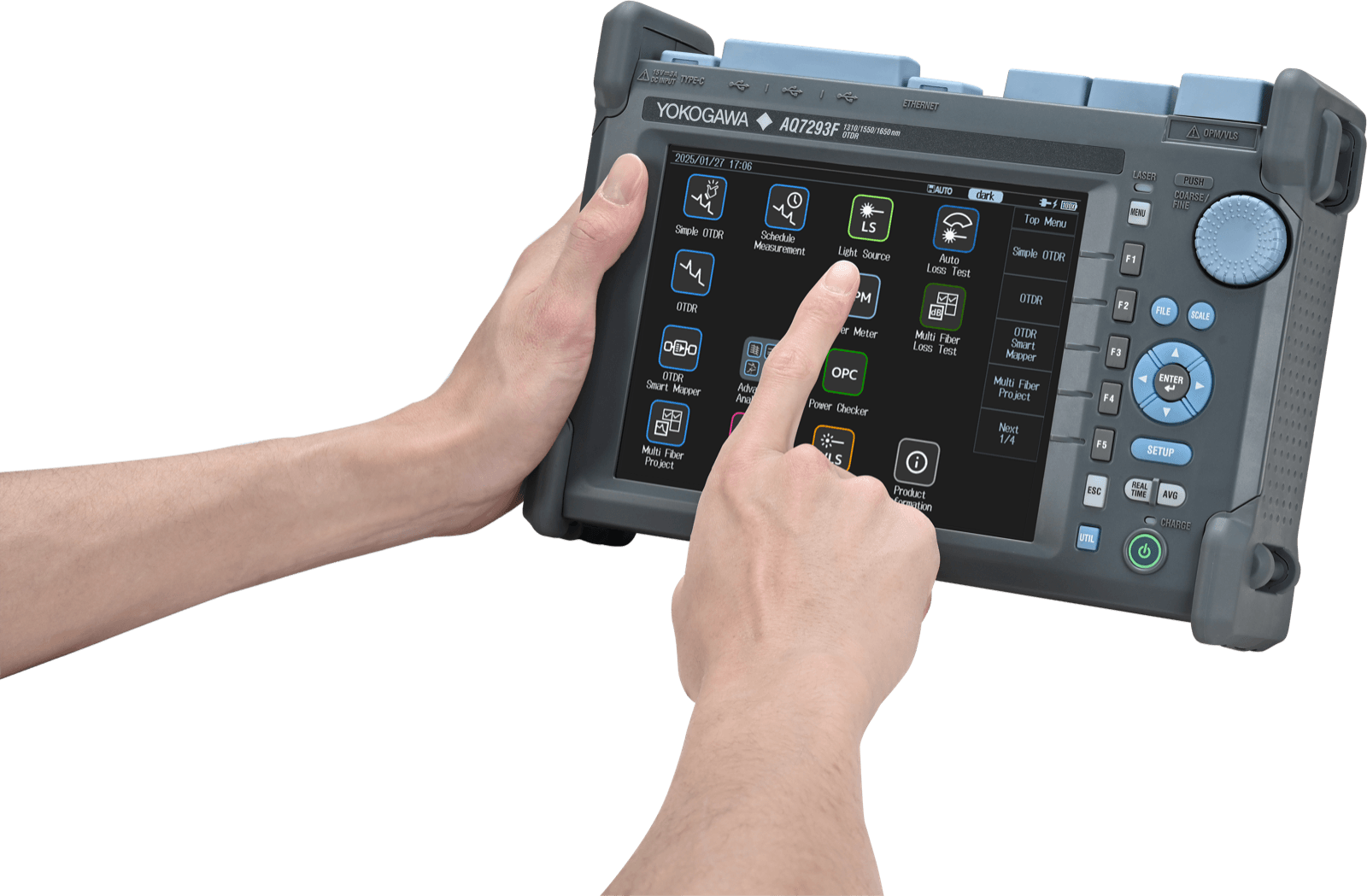 Operator using the 8.4-inch touch display of the Yokogawa AQ7290 OTDR