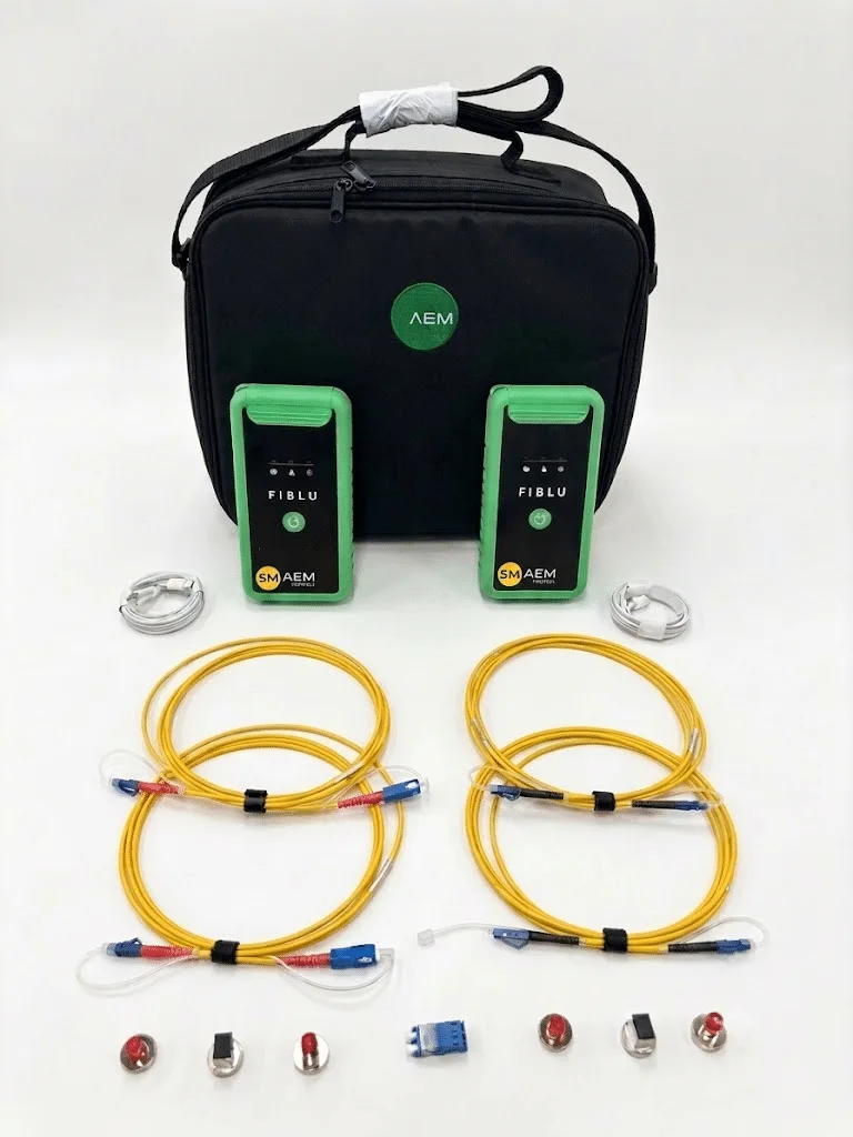 Complete AEM FiBLU single-mode kit with two handsets, cords and a case