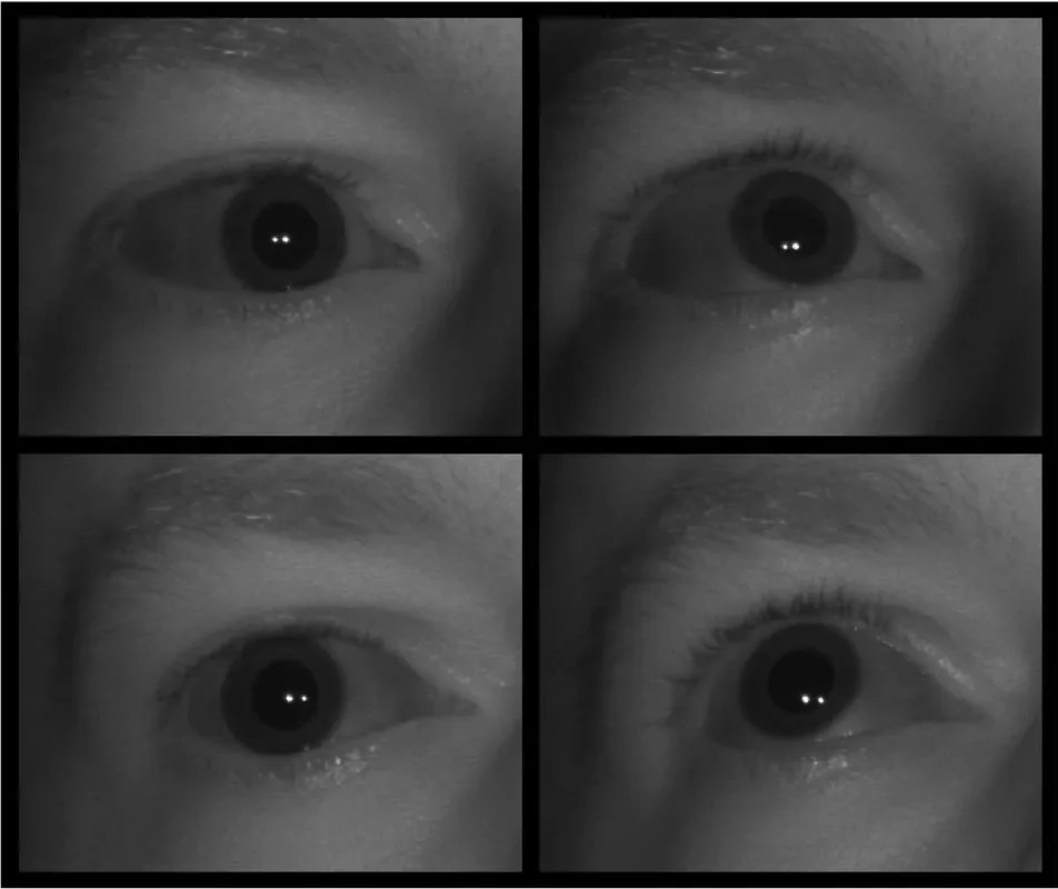 Cztery zdjęcia tego samego oka w świetle podczerwonym, zrobione kamerą eye trackera Tobii: źrenica w każdym w innym położeniu, dwa jasne punkty odbicia światła na rogówce