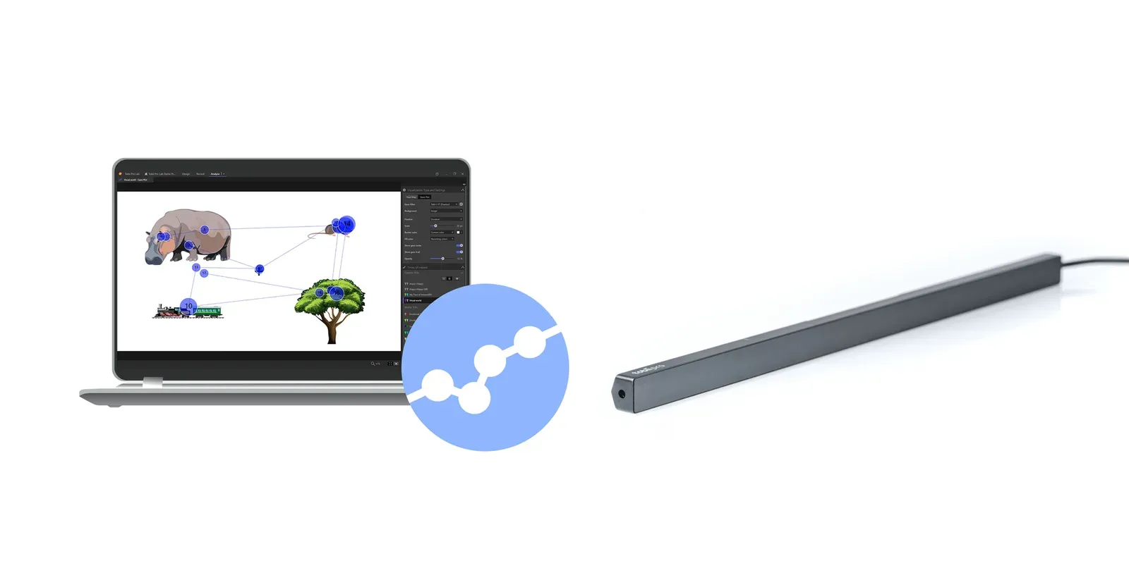 Laptop z Tobii Pro Lab: ścieżka spojrzenia na bodźcu z rysunkami zwierząt, obok listwa Tobii Pro Fusion