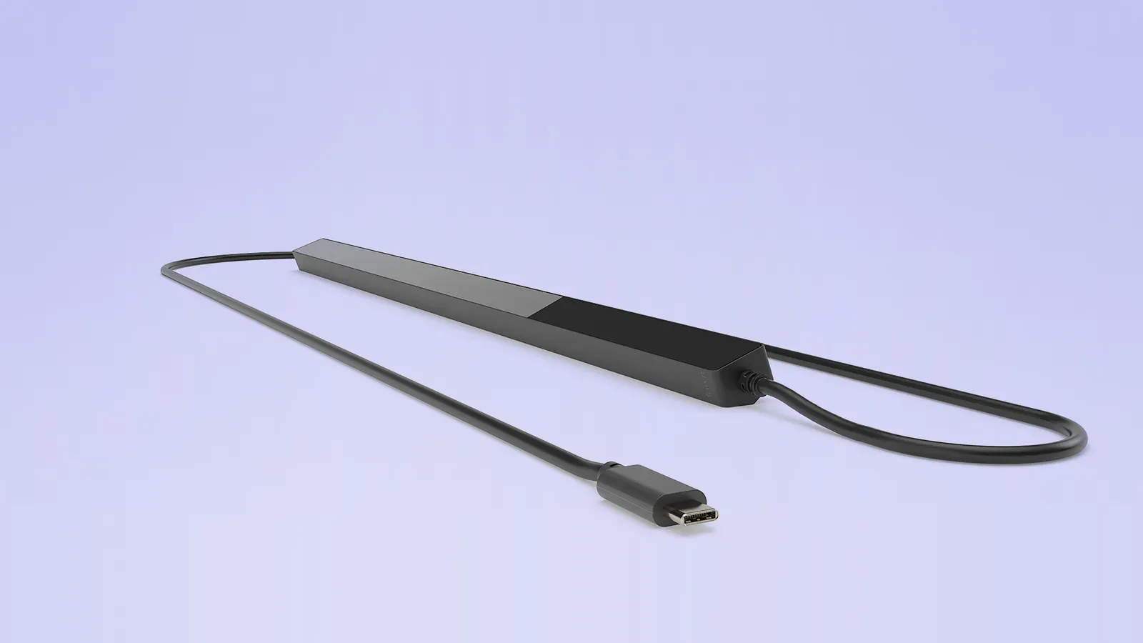 Listwa Tobii Pro Fusion z kablem USB-C na jasnofioletowym tle