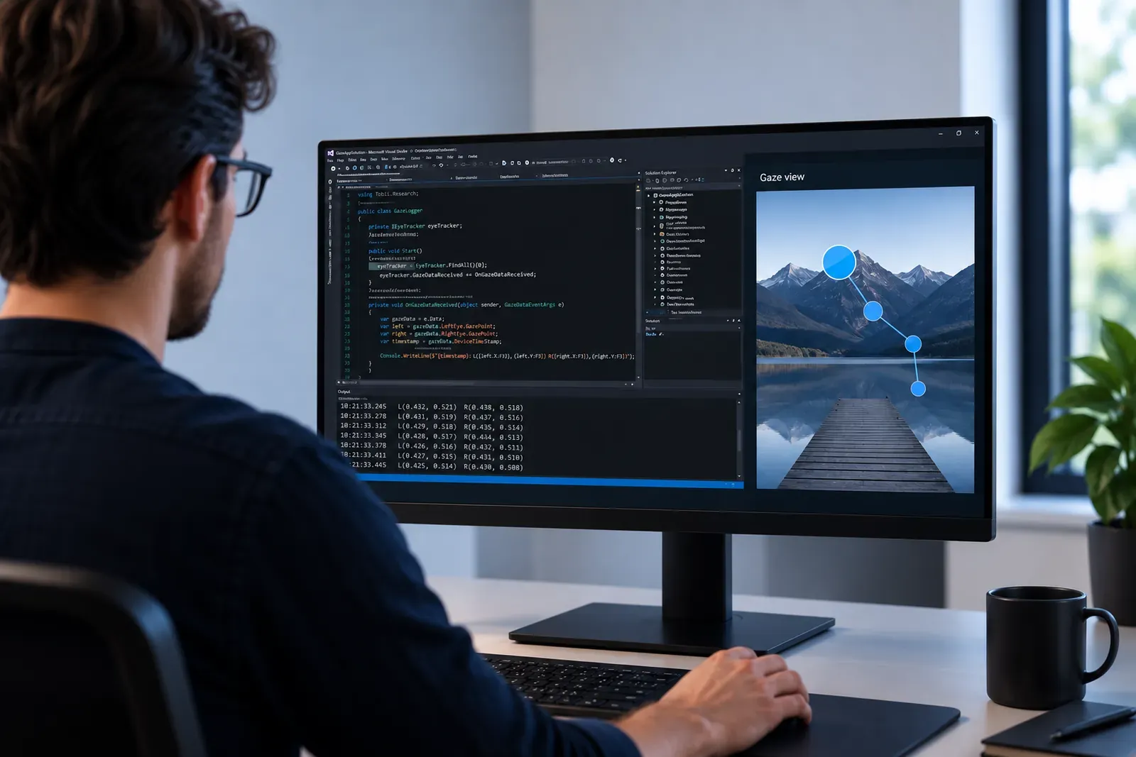Programista przy monitorze z kodem i podglądem punktów spojrzenia — Tobii Pro SDK
