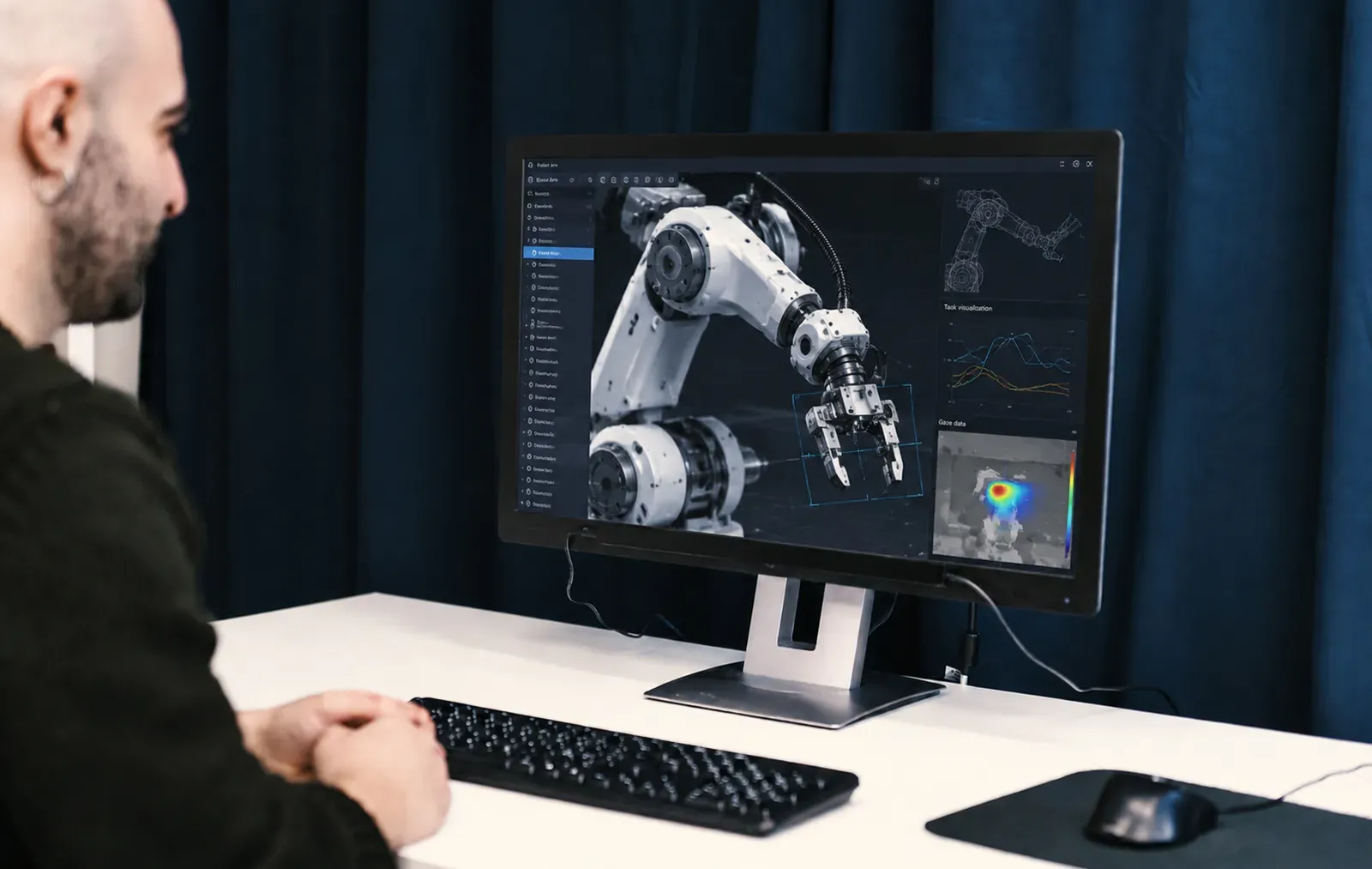 Uczestnik patrzy na monitor z obrazem ramienia robota i mapą cieplną spojrzenia
