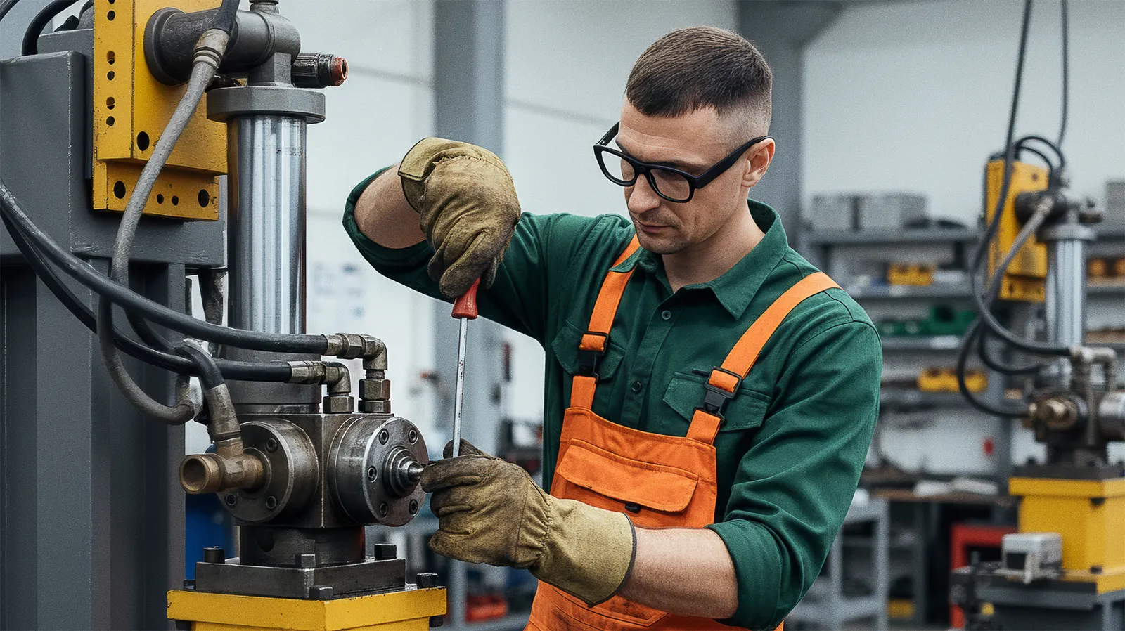 Pracownik w okularach Tobii Glasses X naprawia maszynę hydrauliczną w hali produkcyjnej