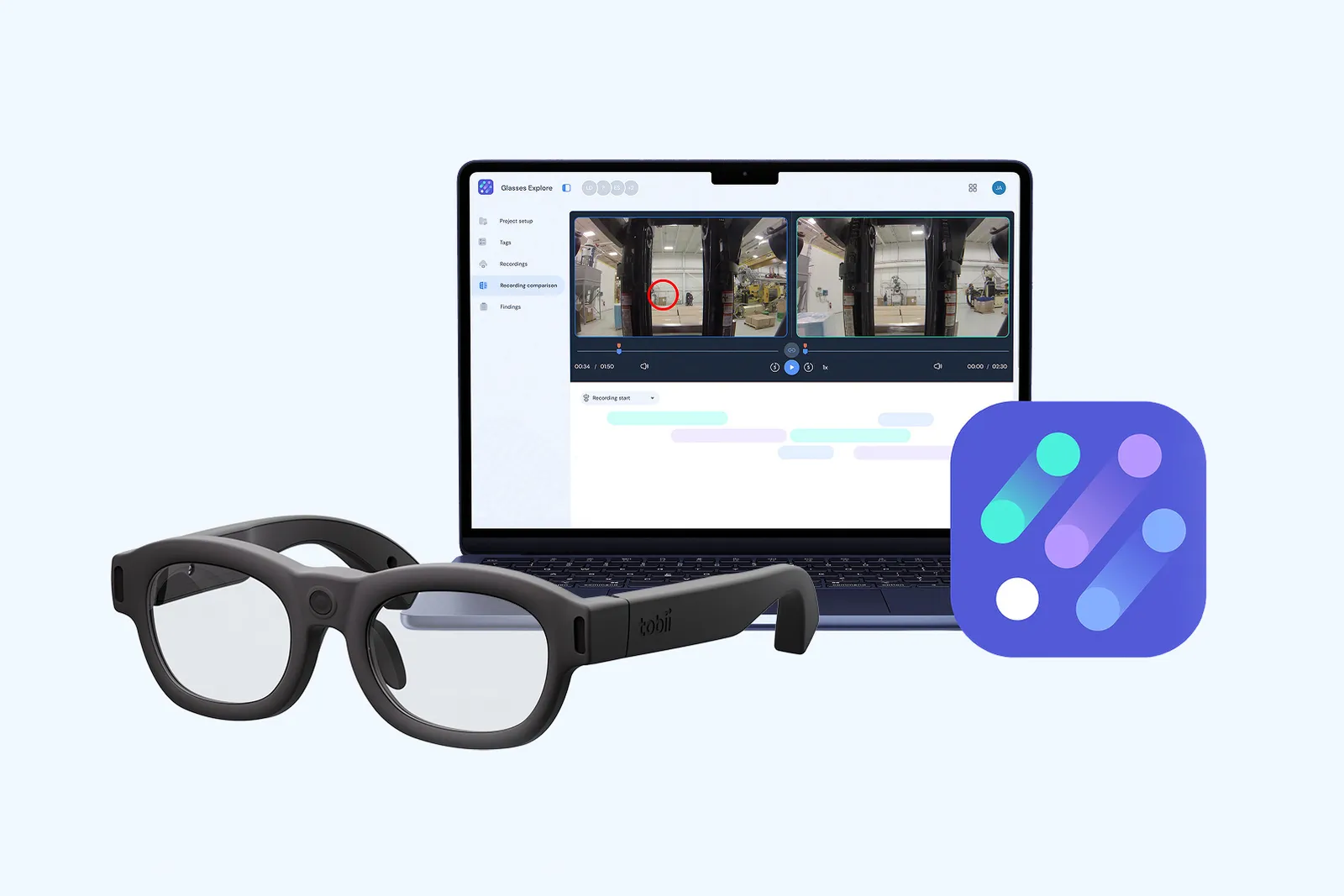 Okulary Tobii Glasses X przed laptopem z otwartym programem Glasses Explore — miniatury nagrań i oś czasu