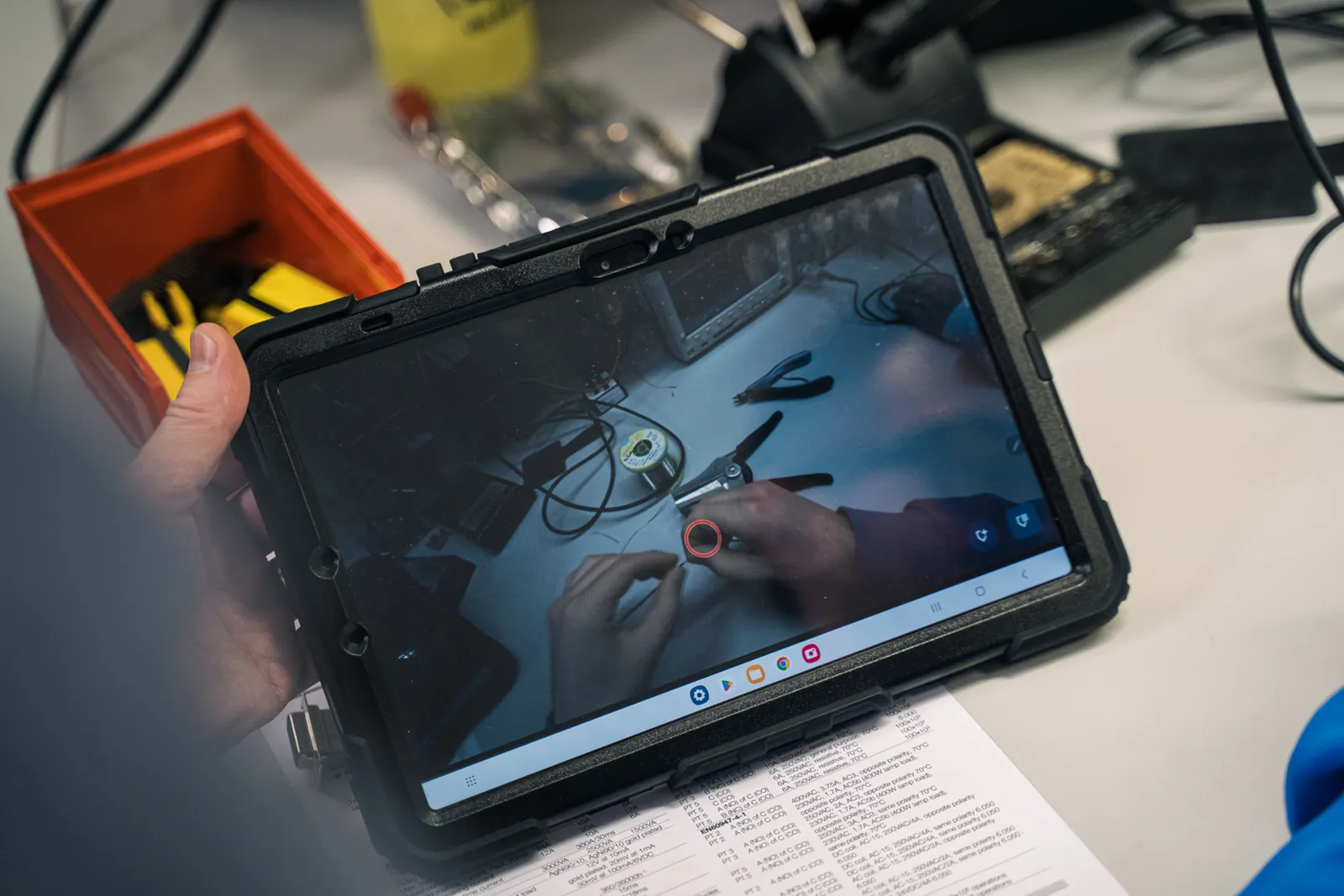 Tablet w dłoni badacza przy stanowisku lutowniczym — na ekranie obraz z kamery sceny okularów i czerwone kółko punktu spojrzenia na końcówce narzędzia