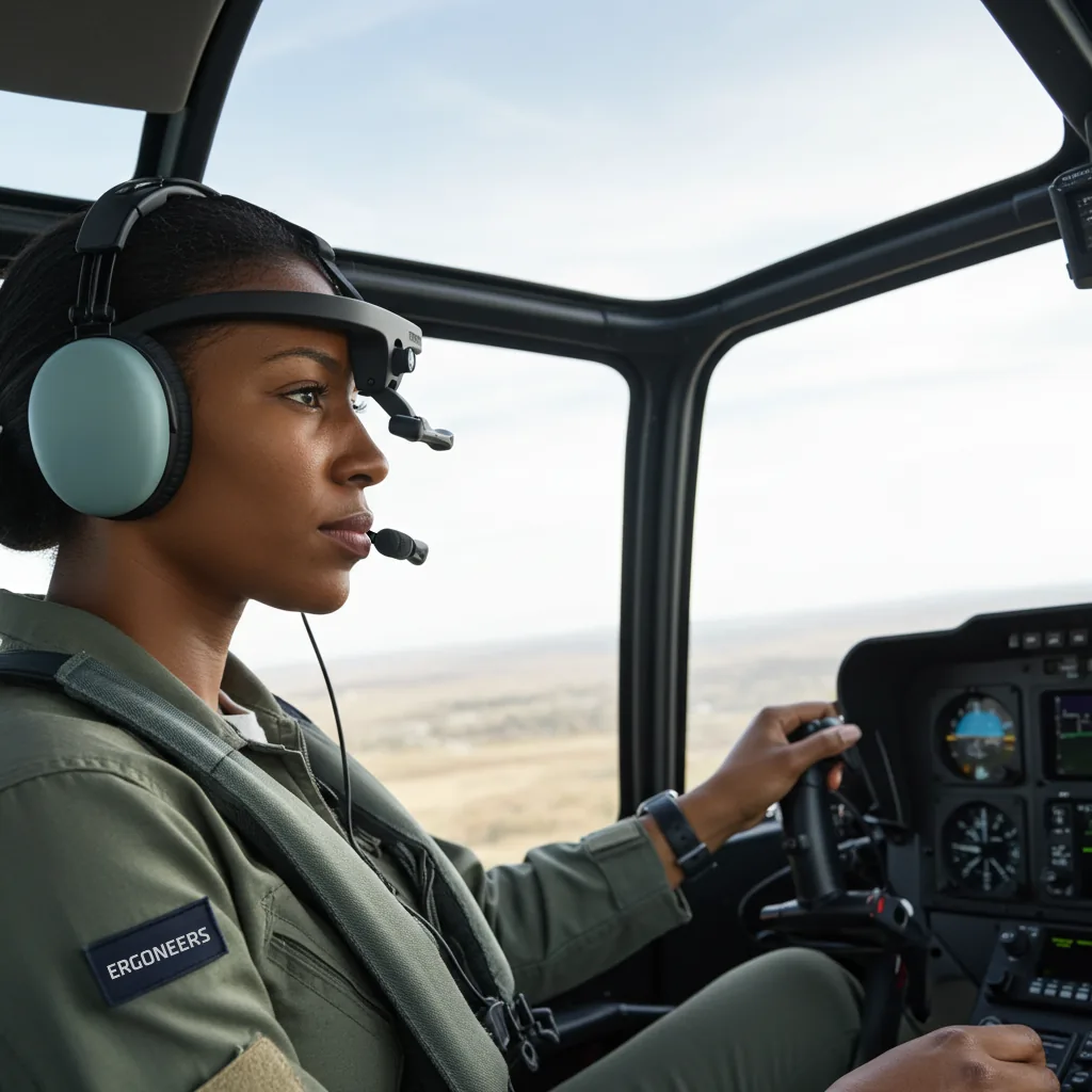 Pilotka śmigłowca w okularach Dikablis Glasses X w kokpicie, w ostrym świetle dziennym