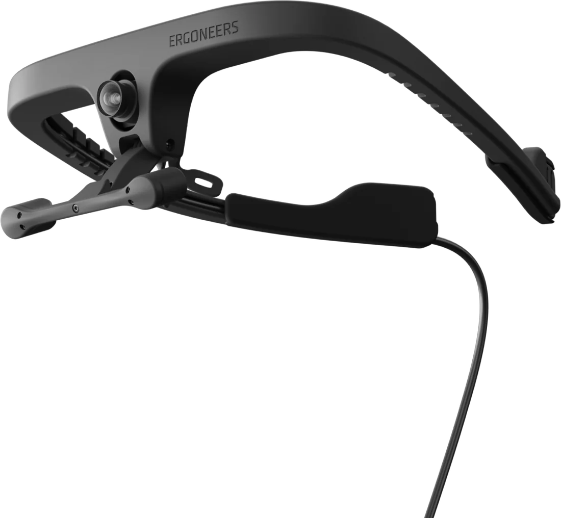 Okulary eye-trackingowe Ergoneers Dikablis Glasses X: oprawka z kamerą sceny nad nosem, ramiona z kamerami oka i nakładki za uszami