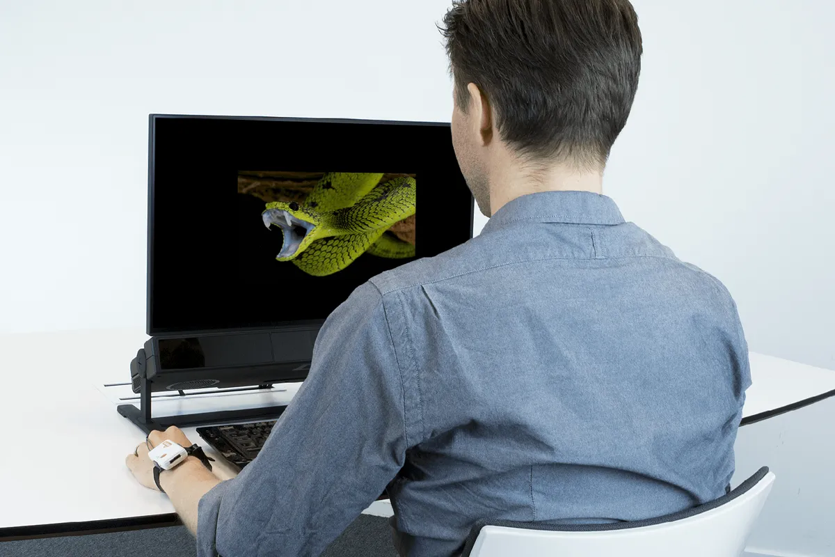 Uczestnik z czujnikiem GSR na dłoni przed Tobii Pro Spectrum; na ekranie zdjęcie węża