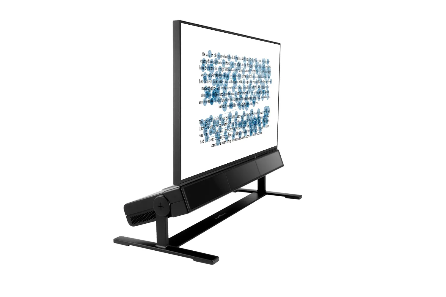 Tobii Pro Spectrum z monitorem — na ekranie wizualizacja fiksacji podczas czytania tekstu