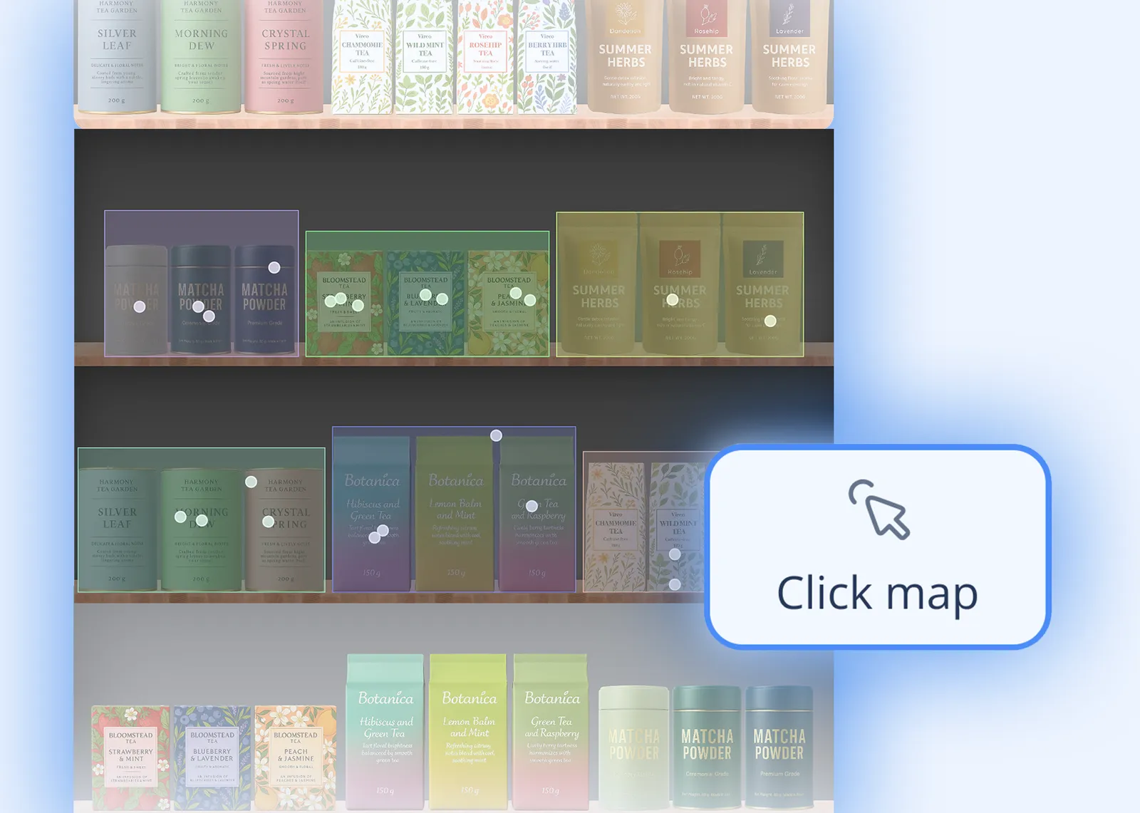 Wirtualna półka sklepowa w Sticky z mapą kliknięć na wybranych opakowaniach