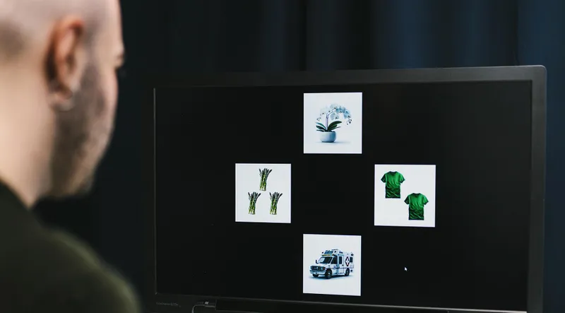 Uczestnik przed monitorem z czterema obrazami — badanie preferencji wzrokowych