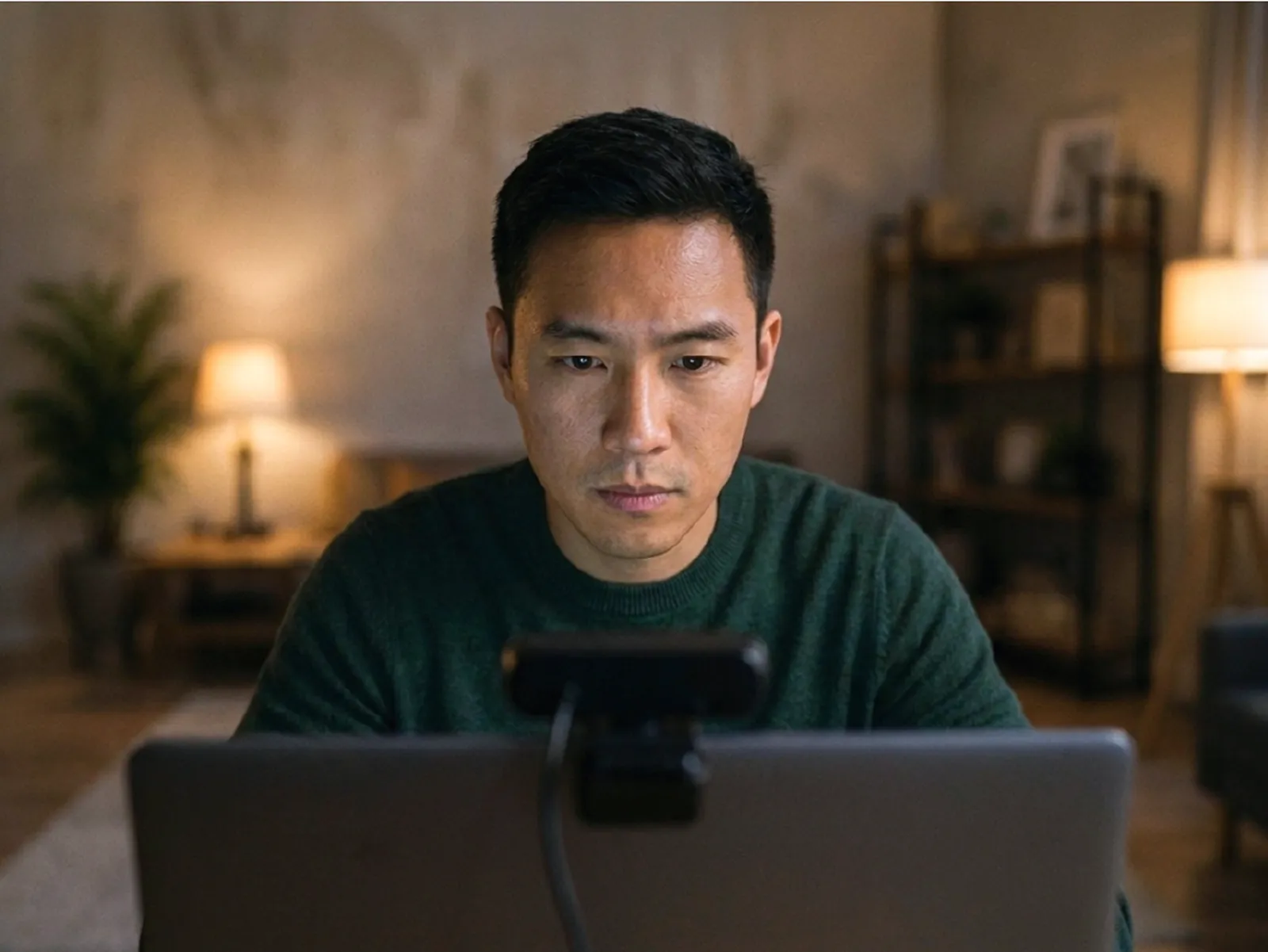 A study participant at a laptop with a webcam mounted on the top edge of the screen, seen from the camera's point of view