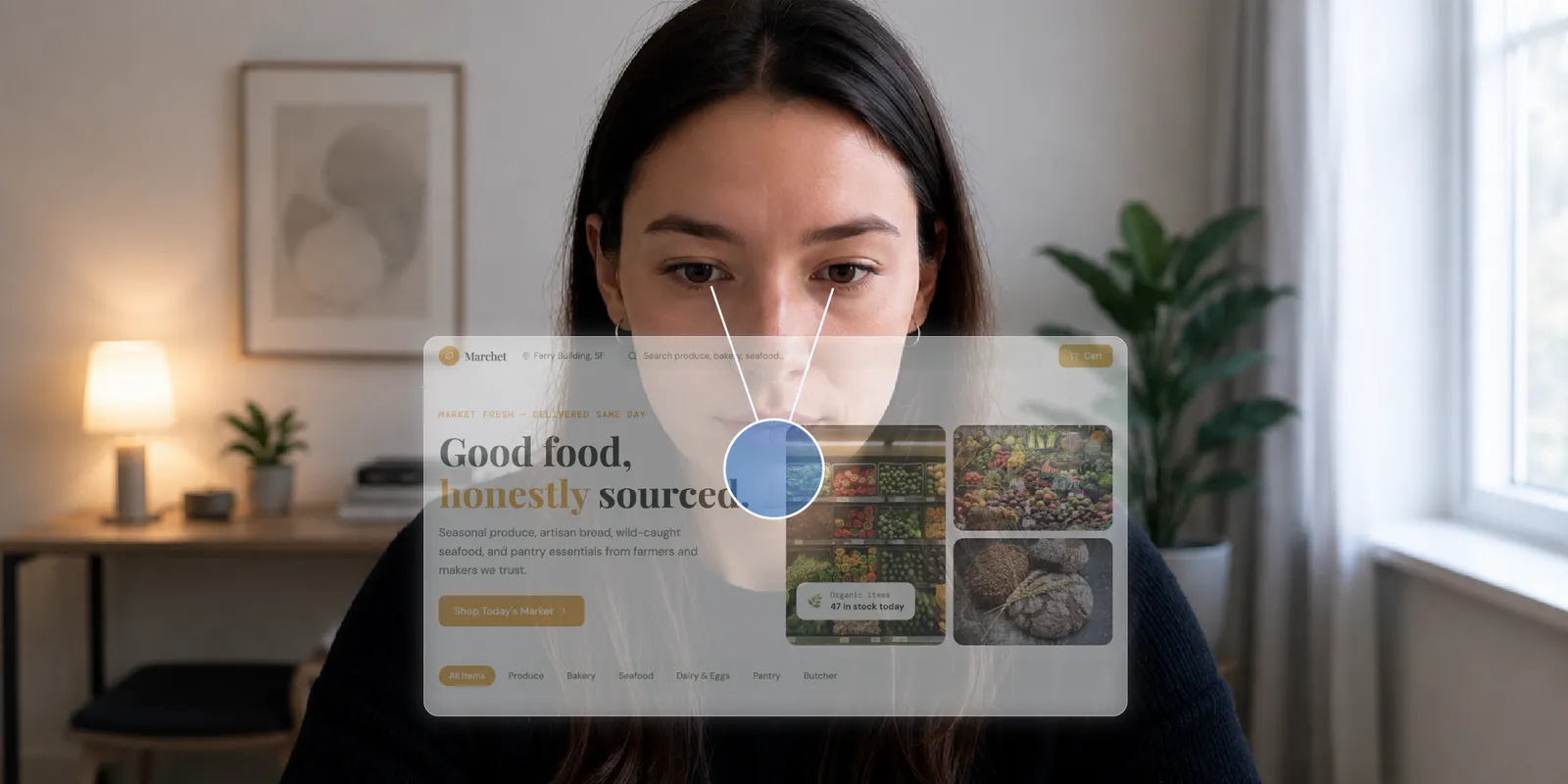 A study participant in front of a screen; lines from her eyes indicate the estimated gaze point on the displayed web page