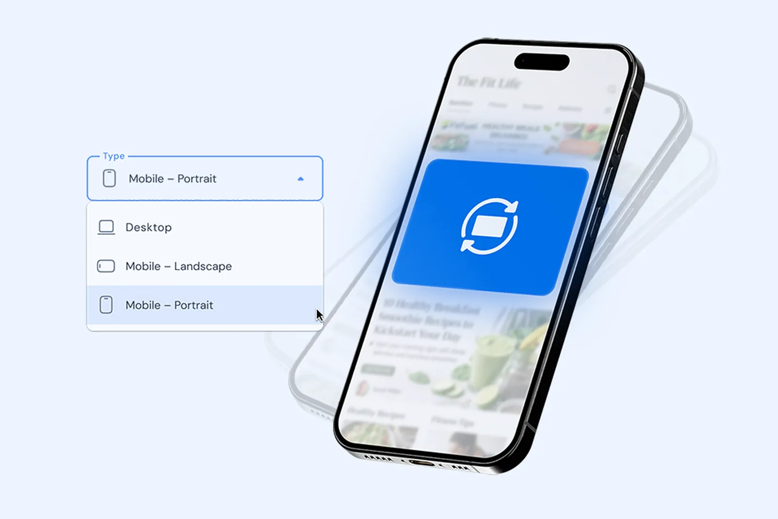 Choosing the study type in Sticky: computer, phone in landscape or portrait — next to it, a smartphone showing web page content