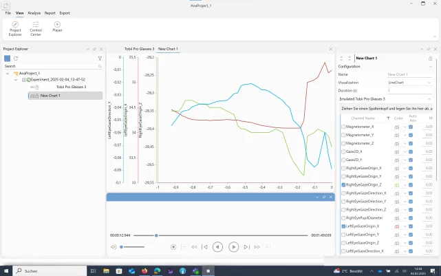 Prophea Analyzer: line chart of gaze channels from Tobii Pro Glasses 3 with chart configuration