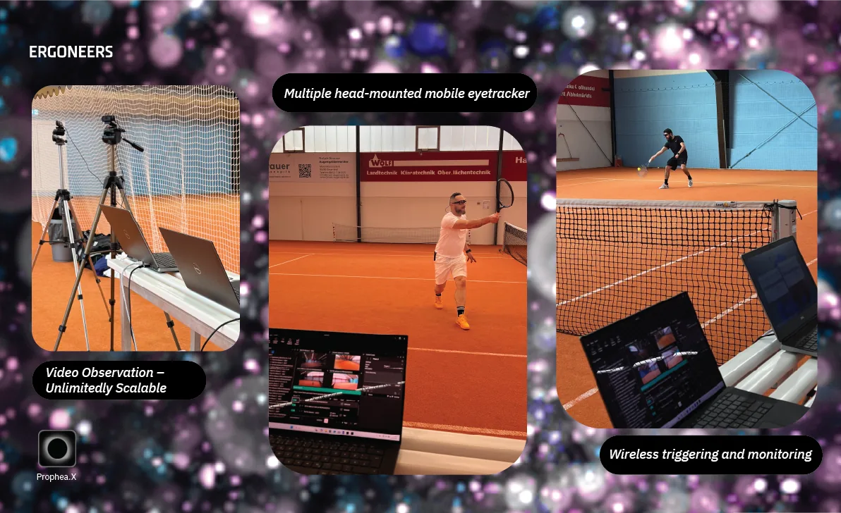 A study on a tennis court: cameras on tripods, two players wearing eye tracking glasses and a laptop showing a recording preview