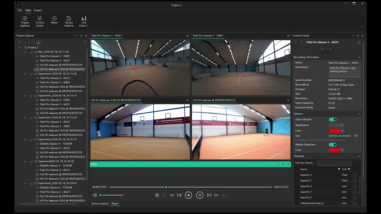 Prophea Data Engine during a recording in a tennis hall: four synchronized video feeds — from two pairs of Tobii Pro Glasses 3 and two webcams — and a recording parameters panel