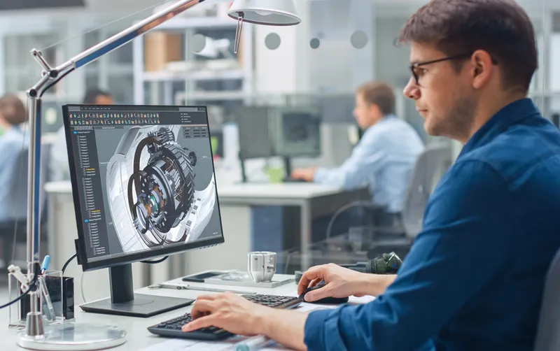 An engineer evaluates a design interface on a monitor