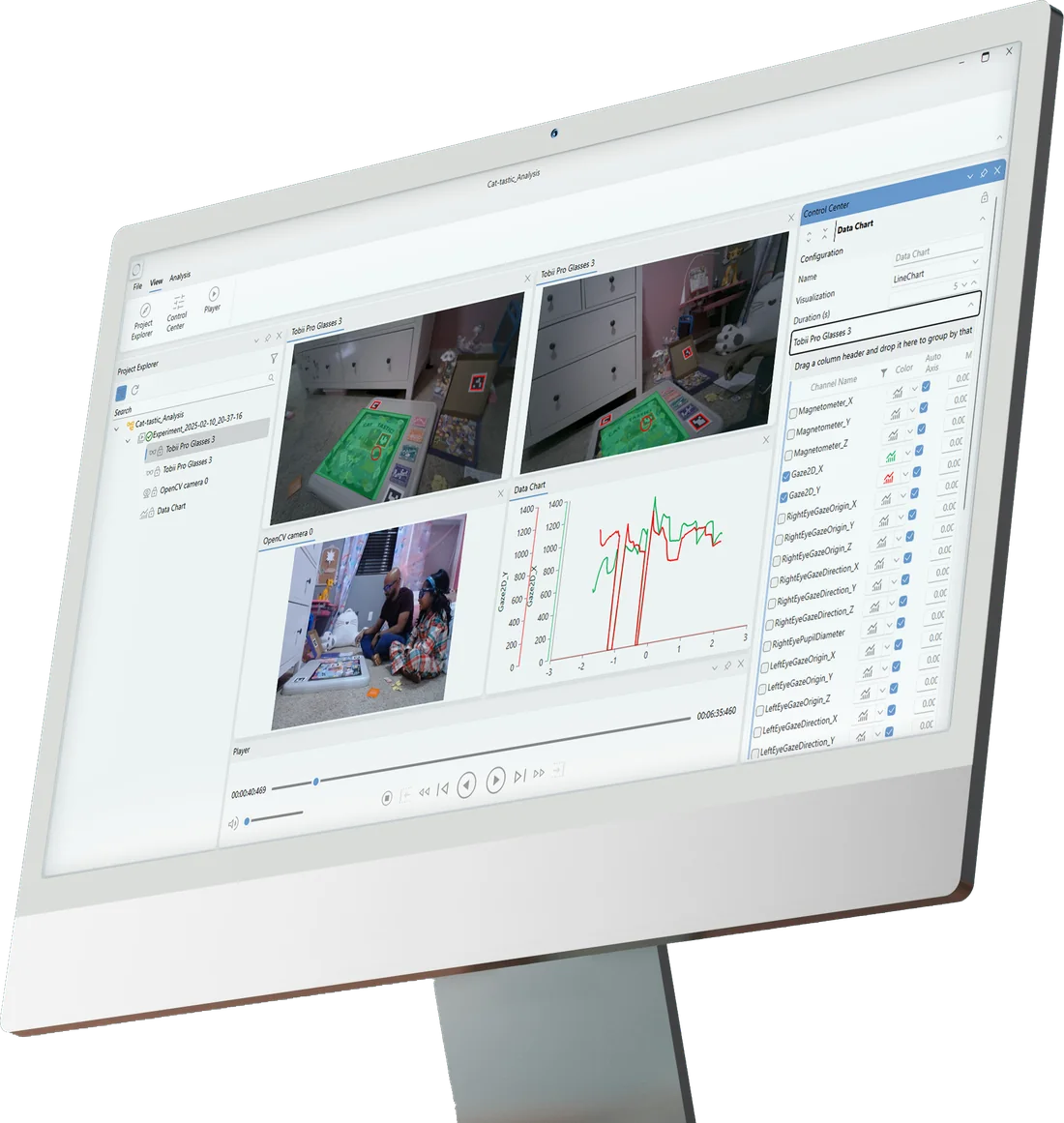 A monitor with Prophea Analyzer software: two recordings from eye tracking glasses, a signal chart and a list of data channels