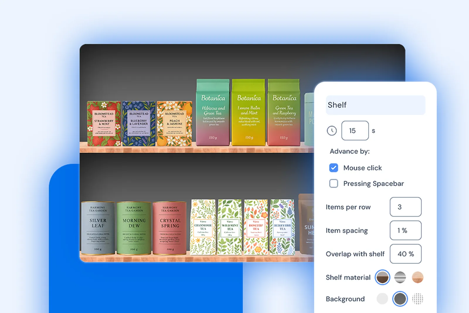 A virtual shelf with tea packages prepared in Sticky — background of the simulation