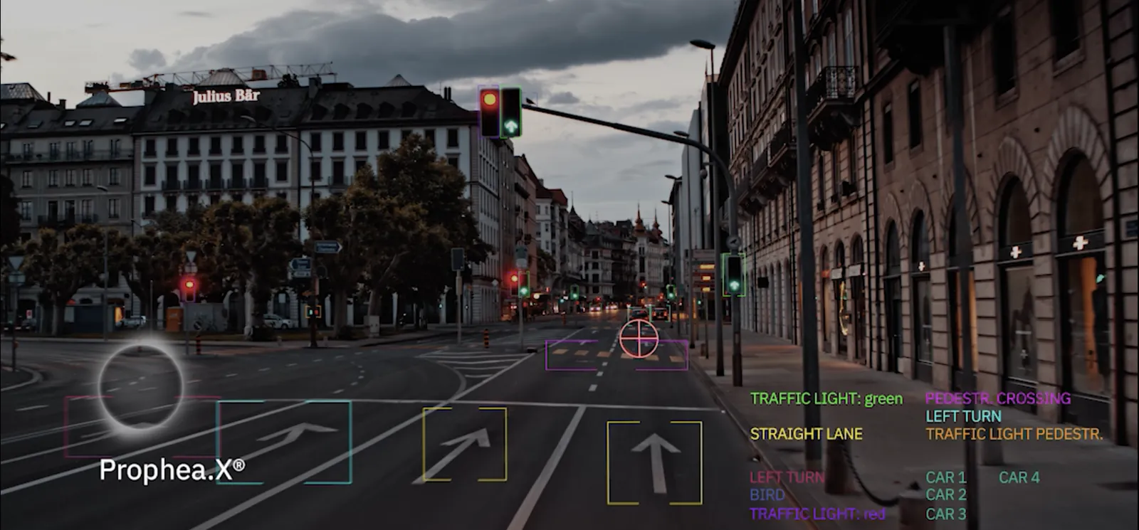A city intersection seen from a pedestrian’s perspective: automatically recognized traffic lights, lanes and cars with labels
