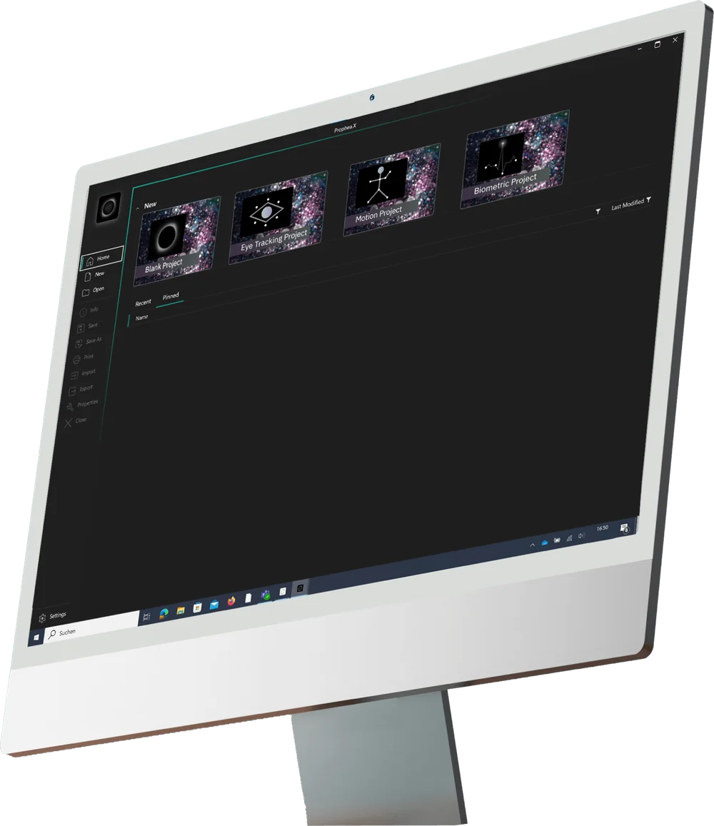 A monitor with the Prophea Data Engine start screen — a list of projects: eye tracking, motion recording, multimodal project