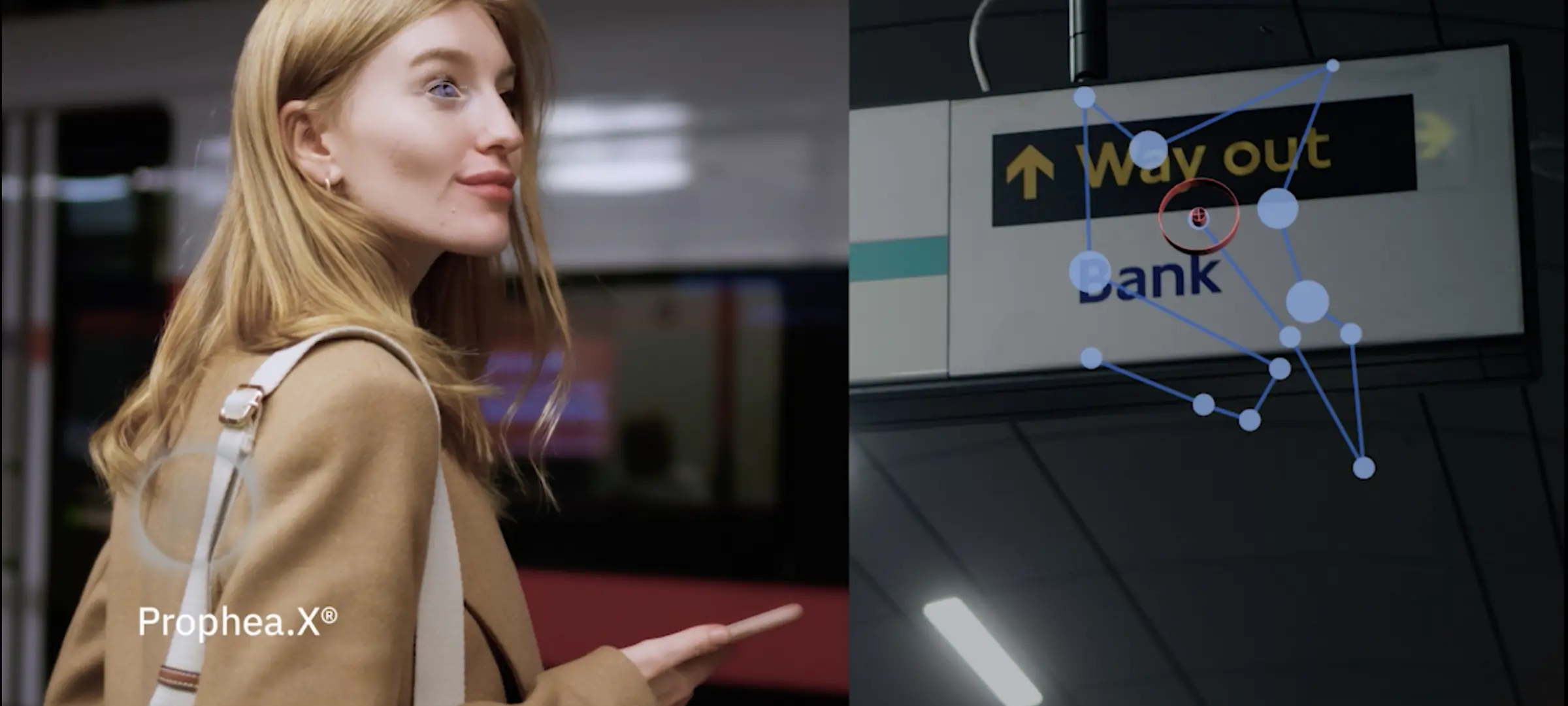 A woman wearing eye tracking glasses at a metro station; next to her, her field of view with a gaze path on a “Way out” direction sign